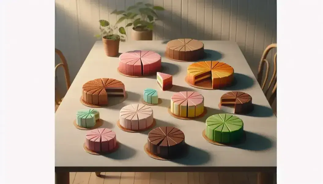 Torte rotonde in tonalità pastello divise in fette su tavolo in legno chiaro, con fette staccate che suggeriscono frazioni, sfondo con piante.