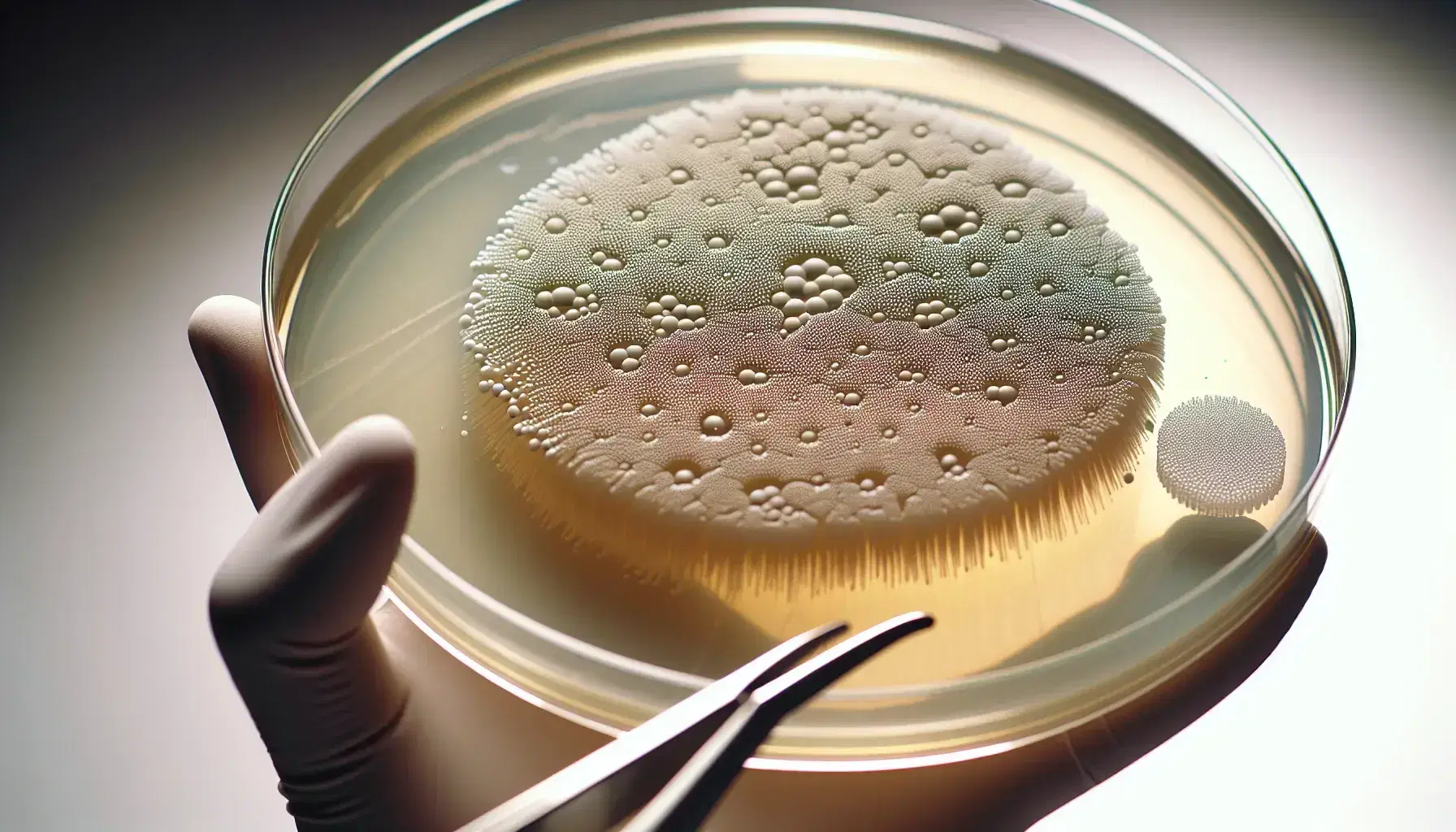 Close-up view of a creamy white bacterial colony on beige agar in a petri dish, with tweezers holding a white paper disc nearby, in a blurred lab setting.