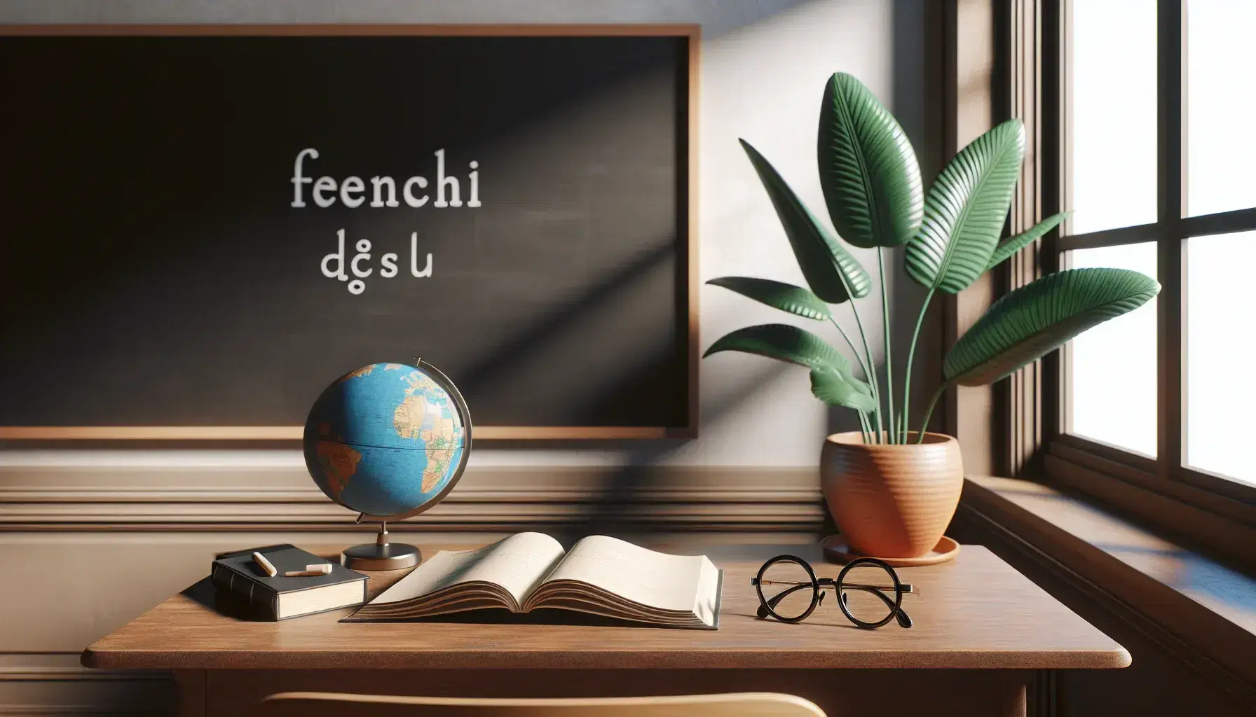 French language classroom with a polished desk, open textbook, round-lensed eyeglasses, clean chalkboard, labeled globe, and a potted plant by a sunny window.