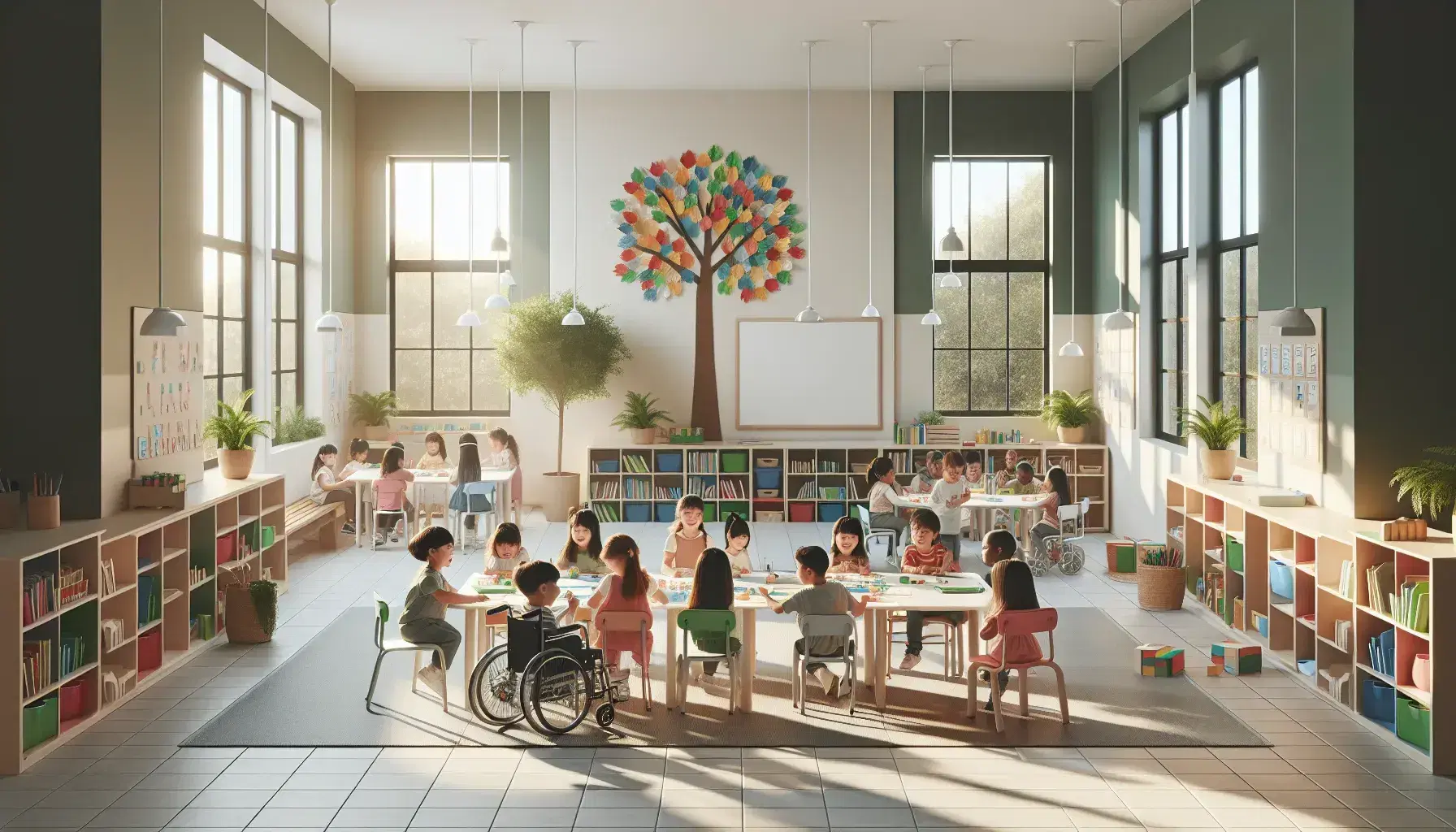 Aula espaciosa y luminosa con niños diversos participando en actividad grupal en mesa redonda, rodeados de estanterías con libros y plantas, junto a pizarra blanca y árbol de papel decorativo.