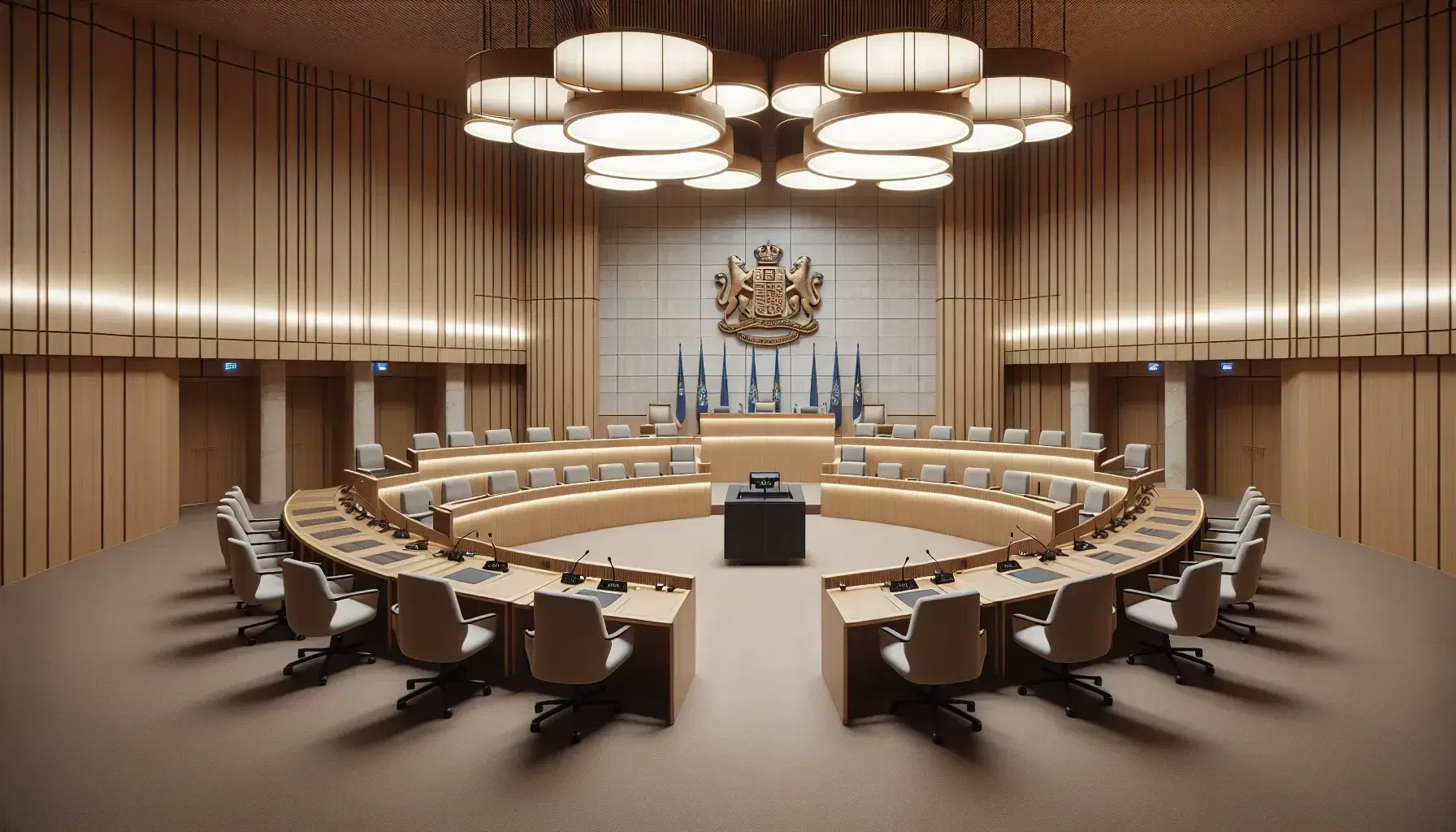 Sala vuota del consiglio regionale con scrivanie semicircolari, sedie blu e podio centrale con microfono e stemma sullo sfondo.