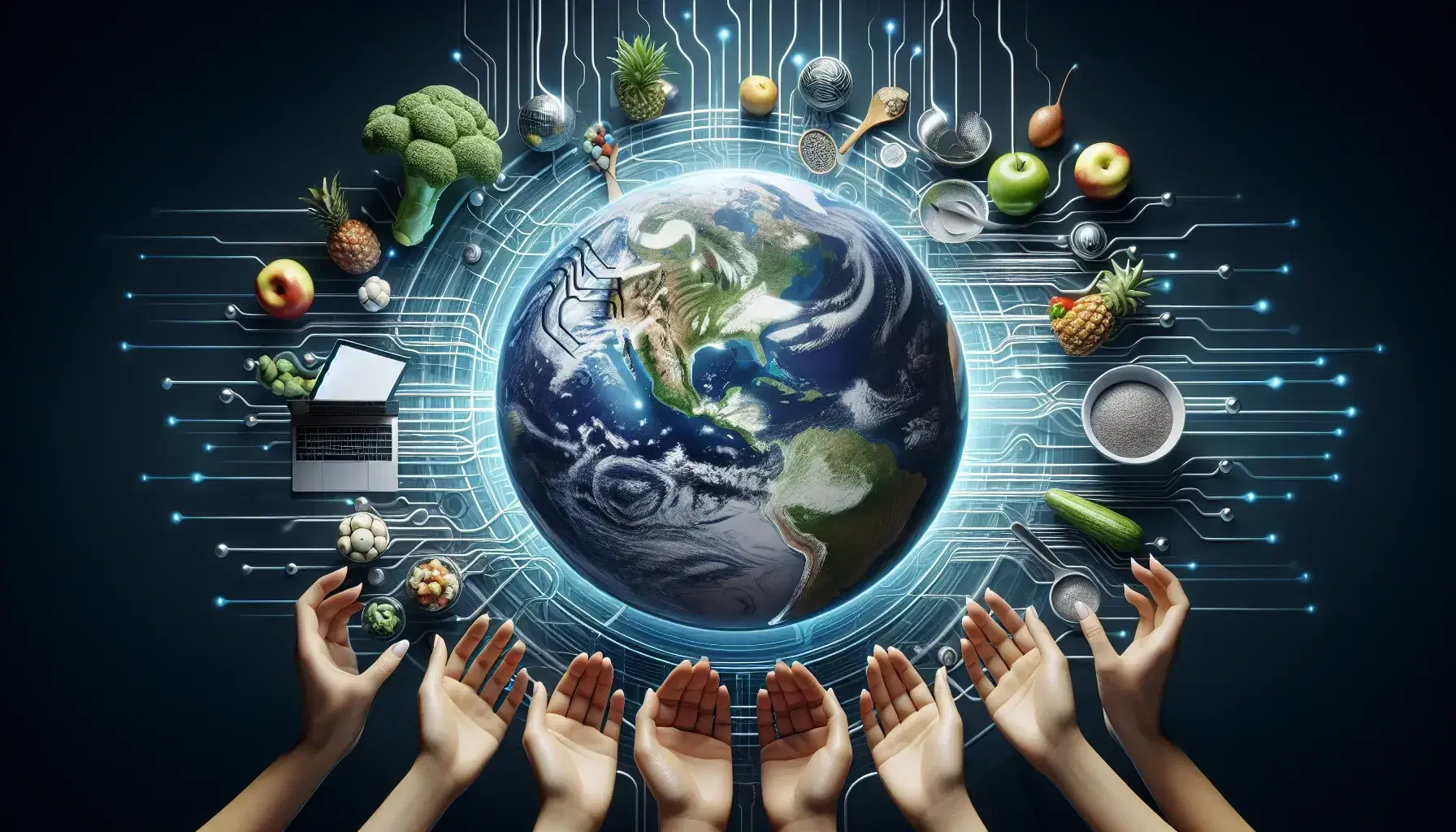 Globo terrestre lucido circondato da oggetti di globalizzazione: laptop, cibo variopinto, reti connettive e mani multietniche in segno di cooperazione.