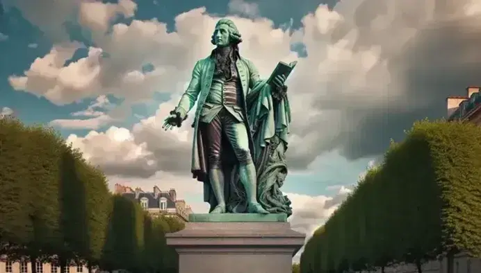 Statua in bronzo di uomo in abiti settecenteschi con mano destra alzata e libro nella sinistra su piedistallo di pietra in parco con alberi.