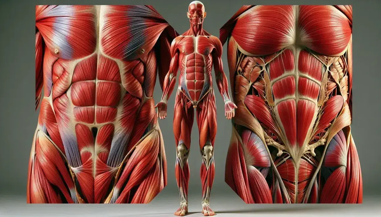 Vista anatómica detallada de la región abdominal humana con músculos abdominales definidos en rojo, incluyendo el recto abdominal y los oblicuos.