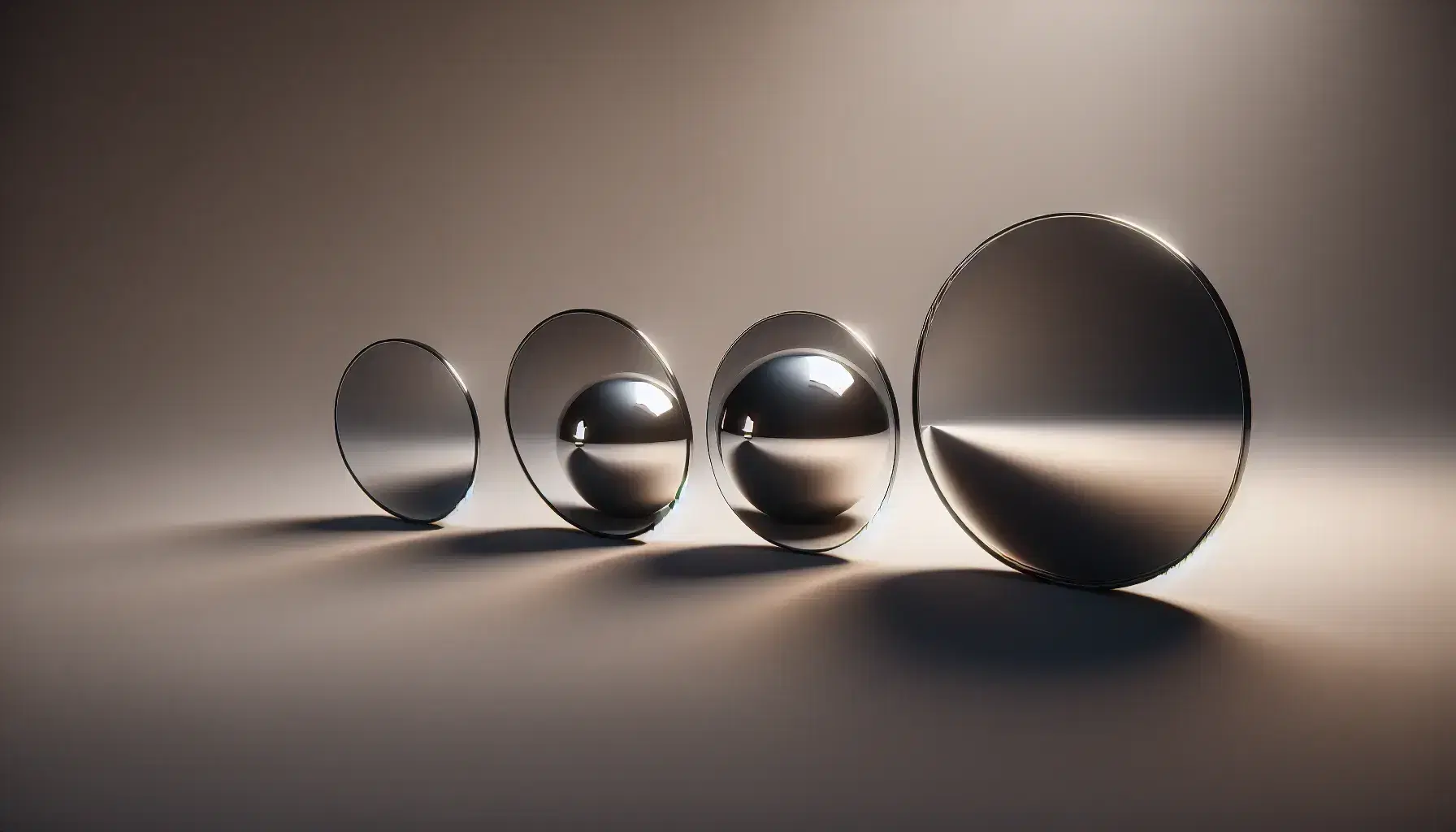 Specchi concavo, piano e convesso in fila su sfondo neutro che riflettono la luce, evidenziando le diverse curvature e proprietà ottiche.