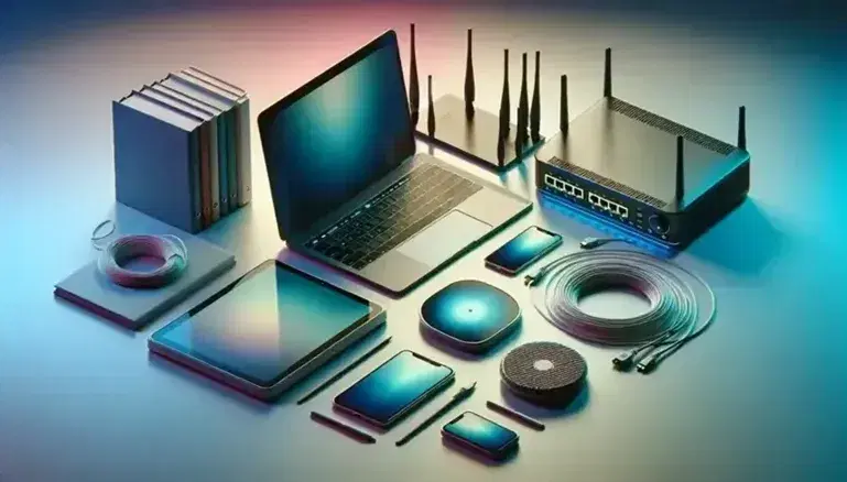 Laptop abierto con pantalla azul, smartphone metálico, tablet encendido, router con luces y cables de red, junto a libros apilados en un entorno de trabajo tecnológico.