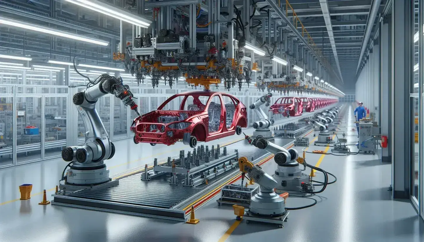 Modern automotive assembly line with robotic arms and workers assembling red car chassis under bright factory lighting.