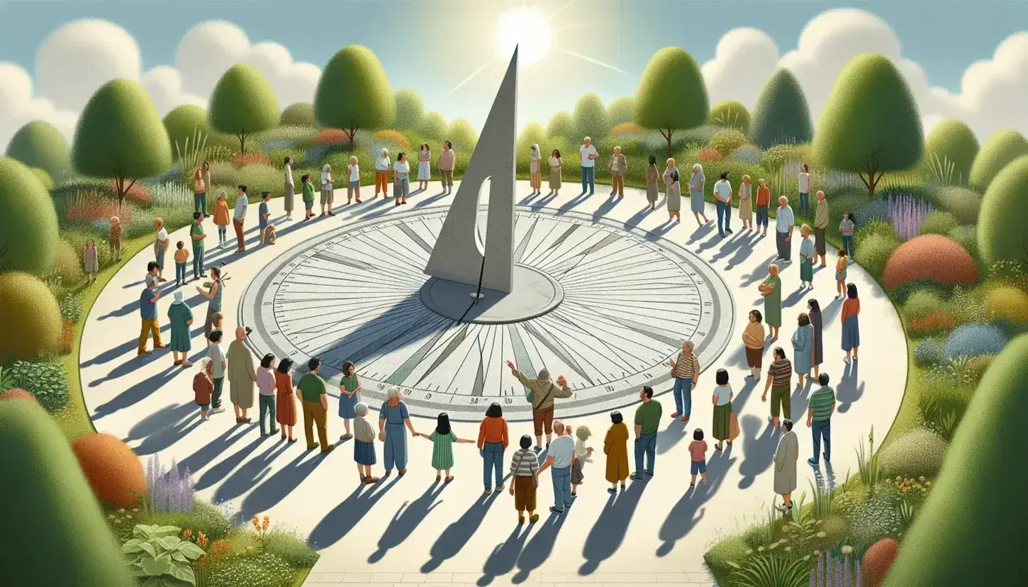 Grupo diverso de personas alrededor de un reloj de sol en un parque, con sombra marcando la hora y vegetación frondosa bajo un cielo azul con nubes.