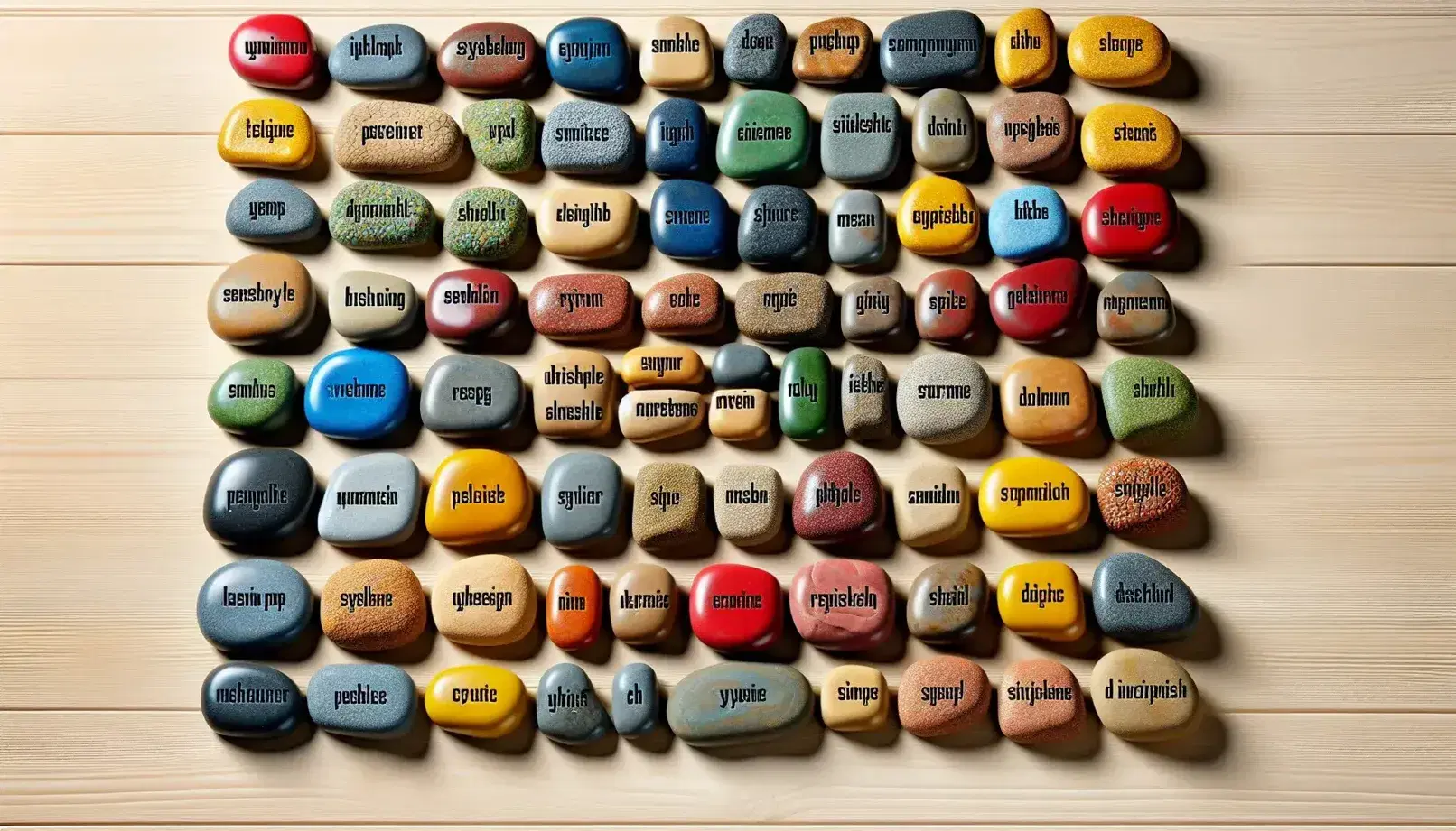 Pebbles colorati su sfondo legno chiaro disposti a formare gruppi simili a sillabe con spazi regolari e variazione di altezza per tono.