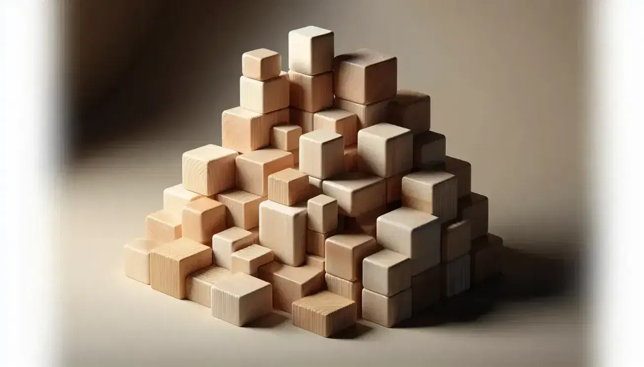Bloques de madera apilados en estructura, con textura suave y tonos naturales, sin pintar, mostrando granos de madera y sombras suaves en fondo neutro.