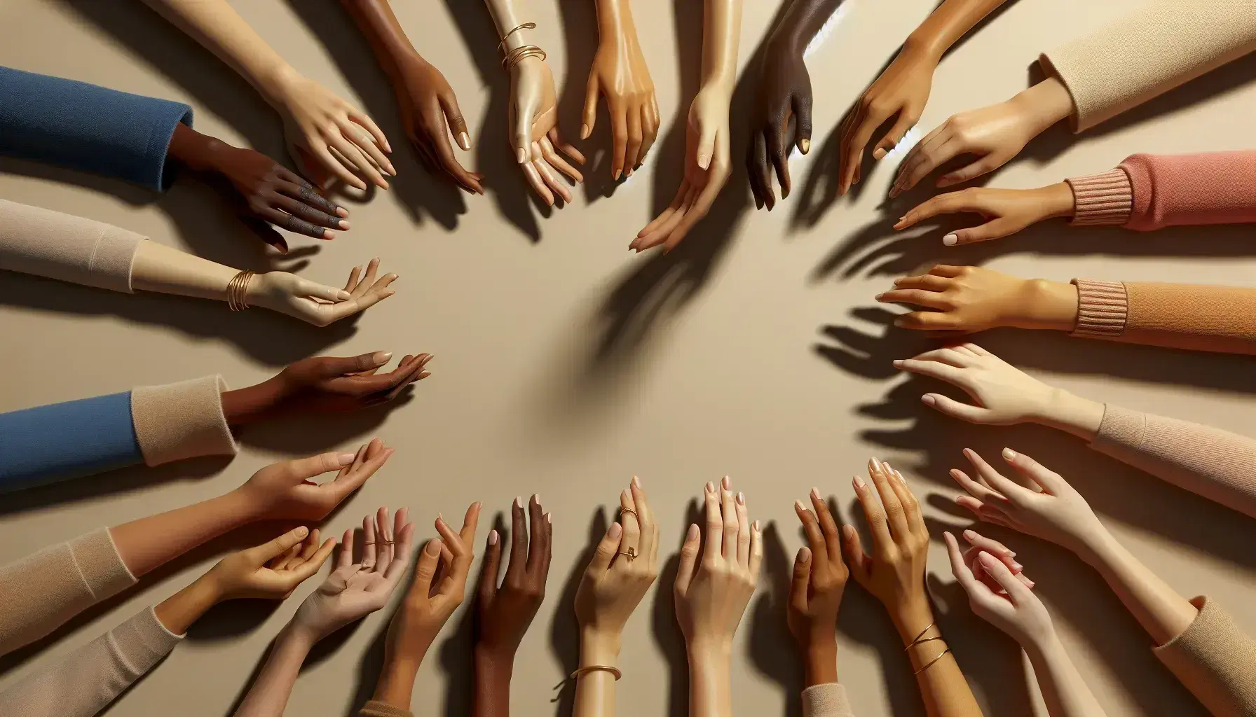 Hands of different people reaching towards the center on a neutral background, symbolizing unity and diversity, without flashy jewelry.