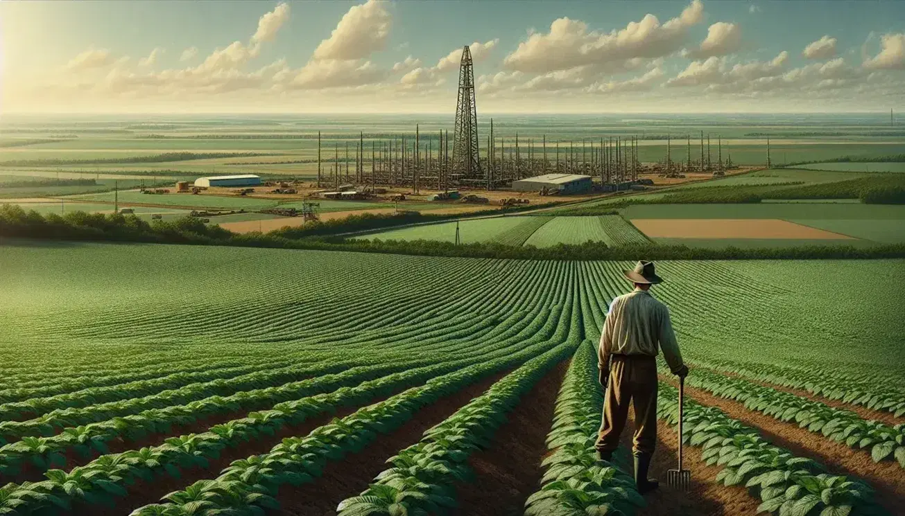 Paisaje rural soleado con campo cultivado y trabajador agrícola, torre metálica de extracción de petróleo al fondo y montañas lejanas.