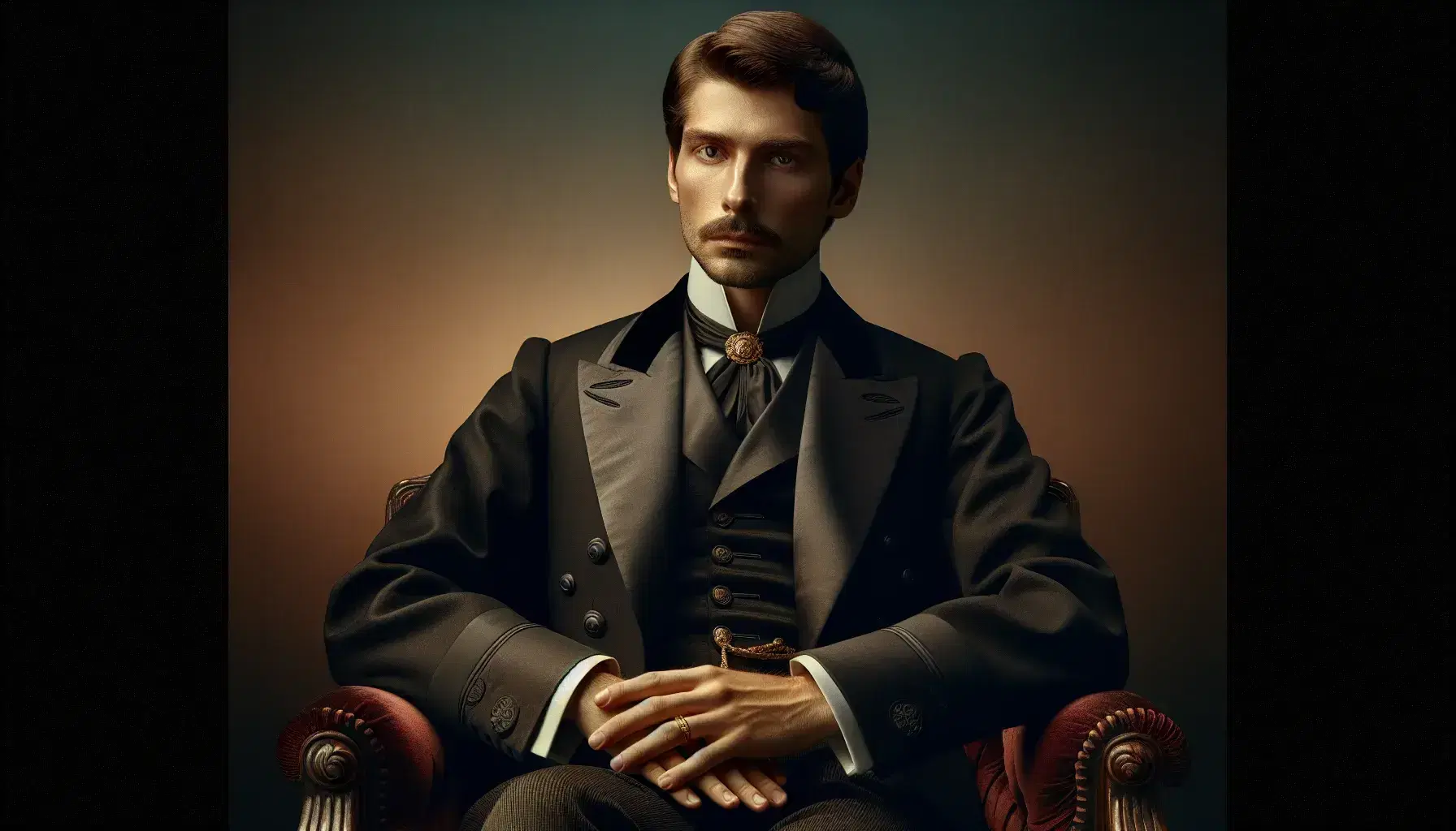 Uomo in abito formale del XIX secolo seduto su poltrona in velluto rosso scuro, con giacca nera, gilet bianco, cravatta e spilla dorata.