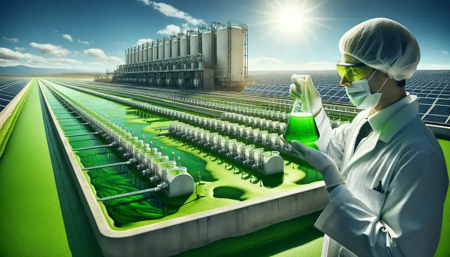 Scientist examining algae biofuel in flask at outdoor cultivation facility with solar panels in the background under a clear sky.