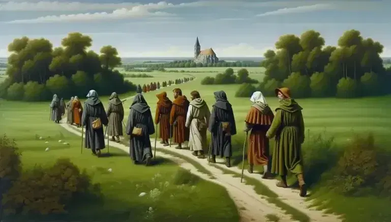 Gruppo di pellegrini medievali in cammino su sentiero campestre verso chiesa in lontananza, vestiti semplici, bastoni da viaggio e natura verde.