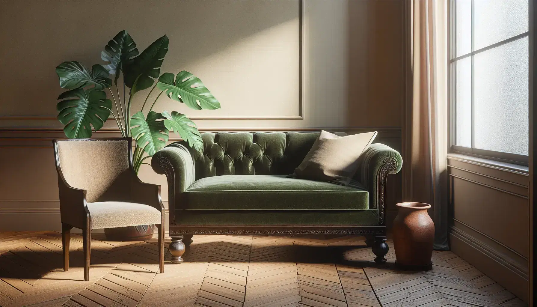 Sofá de terapia clásico de terciopelo verde oscuro con patas de madera tallada y cojín beige, junto a silla antigua a juego en una habitación iluminada naturalmente.