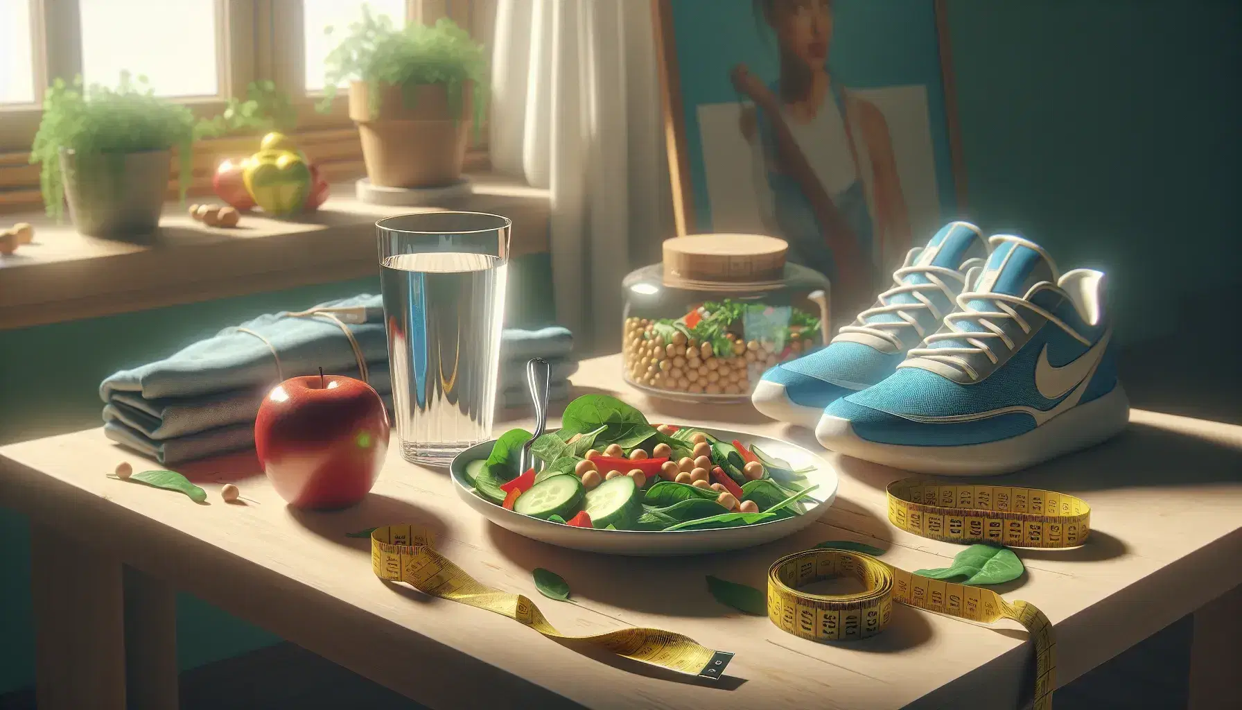Plato de ensalada verde con espinacas, pepino y pimientos, junto a un vaso de agua, una manzana roja y zapatillas deportivas azules sobre mesa de madera iluminada por luz natural.