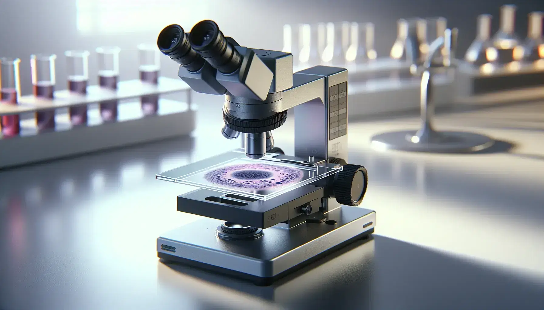 Modern microscope with prepared slide and pink and purple stained cells on laboratory bench with blurred equipment background.