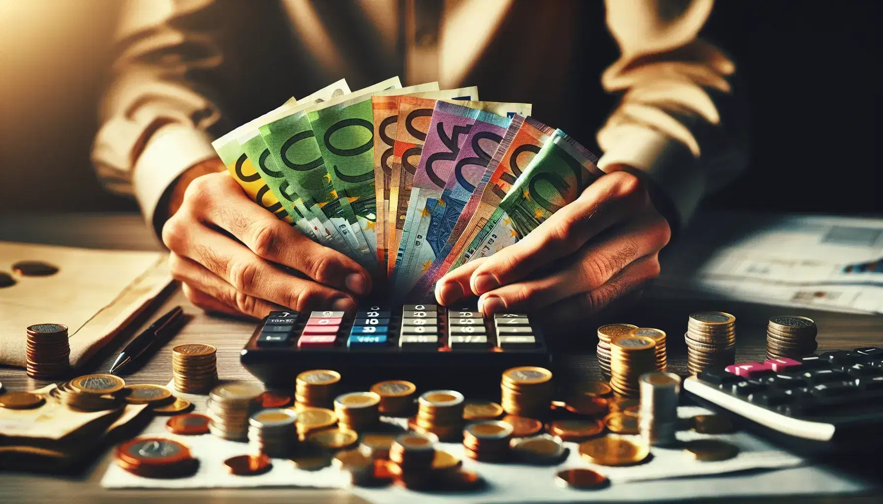 Close-up of hands holding a fan of Euro banknotes with scattered coins and a calculator on a wooden desk, symbolizing financial management.