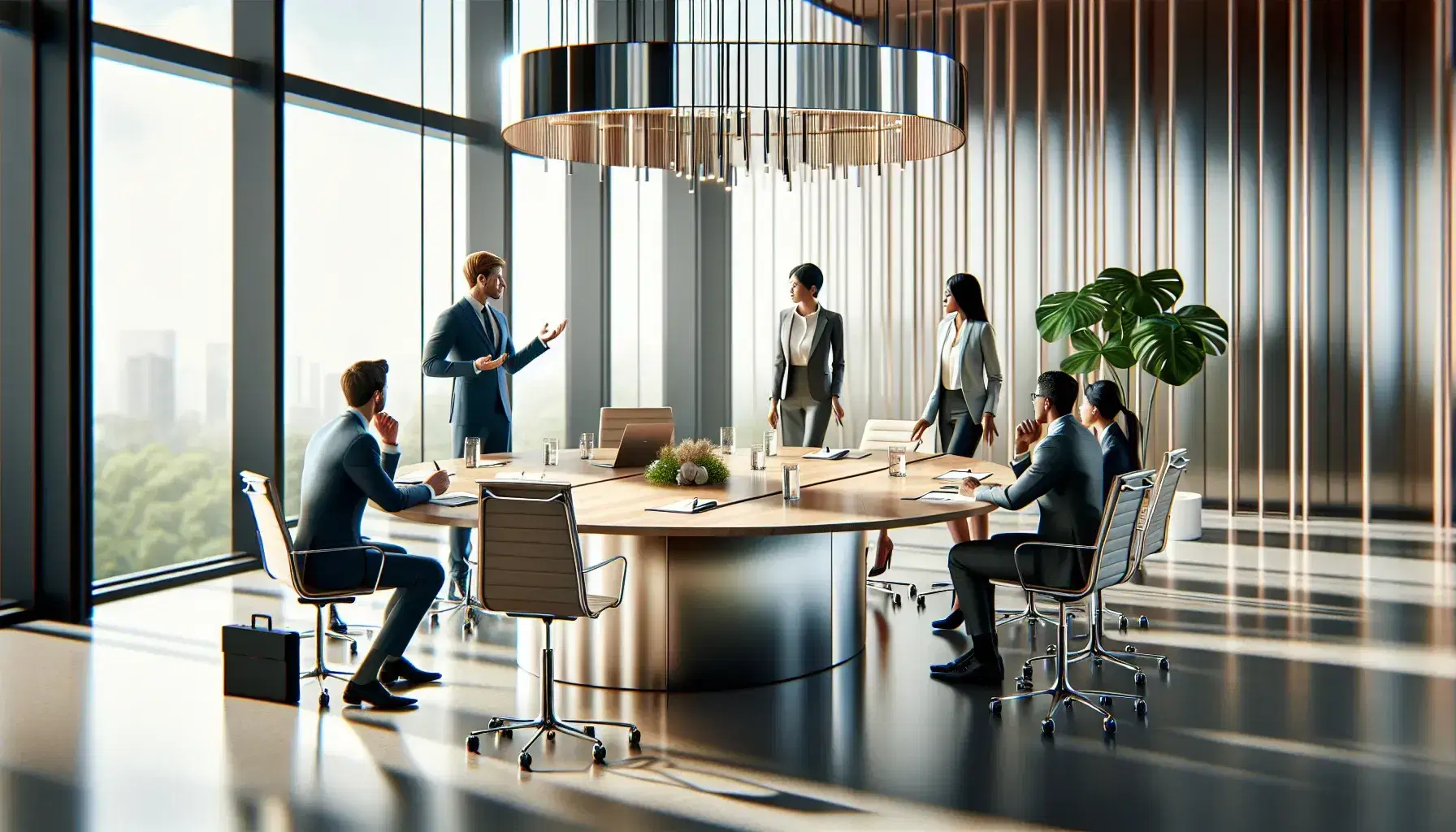 Diverse team collaborates around a conference table in a modern office with city views, discussing ideas with a laptop and notes on hand.