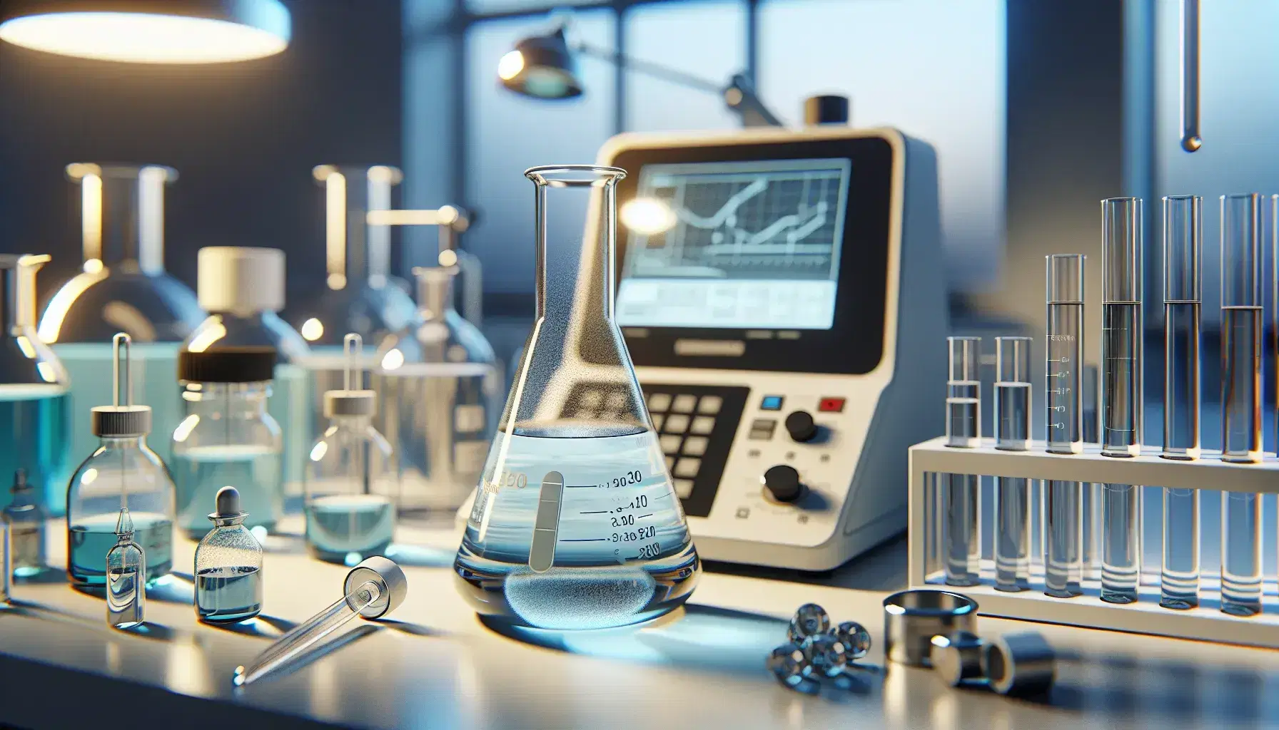 Laboratorio de química analítica con matraz Erlenmeyer y solución azul, pipeta de vidrio, espectrofotómetro, balanza analítica y frascos con líquidos de colores.
