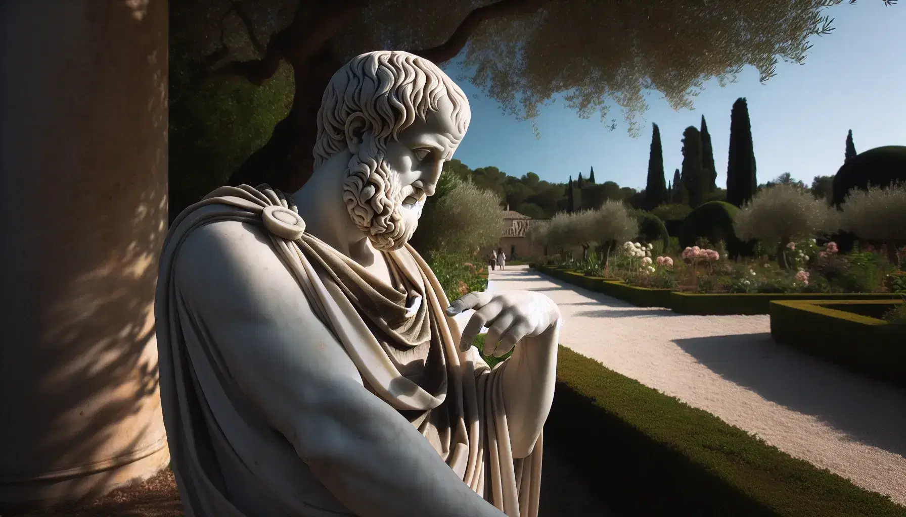 Estatua de mármol blanco de Aristóteles pensativo en un jardín clásico, con un sendero de grava y vegetación variada bajo un cielo azul despejado.