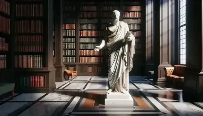 Estatua de mármol blanco de filósofo griego clásico con túnica y pergamino en biblioteca antigua con estanterías de madera y libros encuadernados en cuero bajo luz natural.
