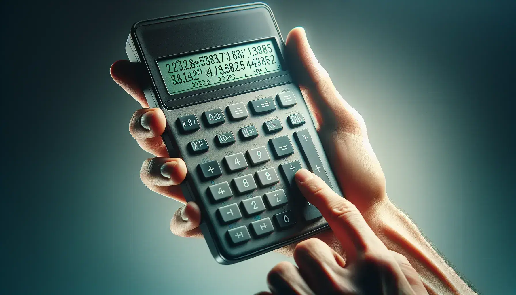 Close-up of a hand holding a gray scientific calculator during a calculation, with a blurred background in shades of blue and green.