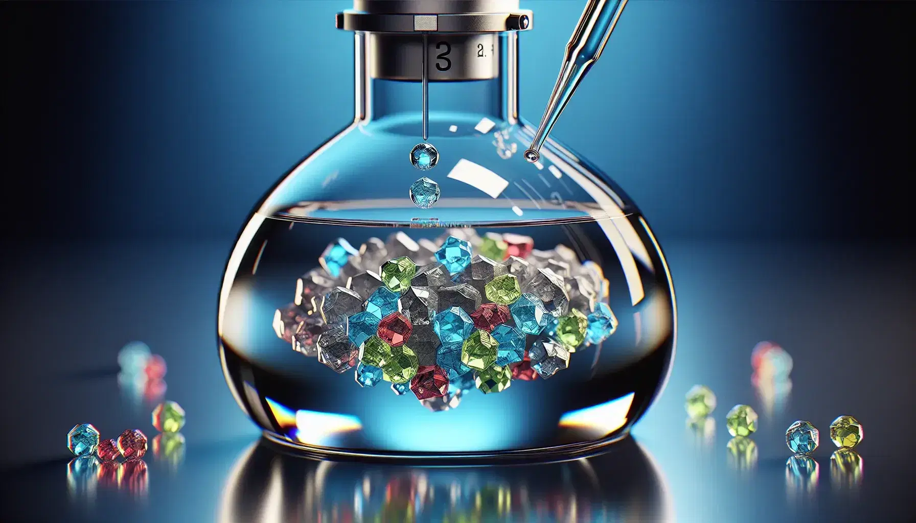 Close-up of a glass flask with colored crystalline fragments immersed in colorless liquid, with mechanical pipette ready to dose.