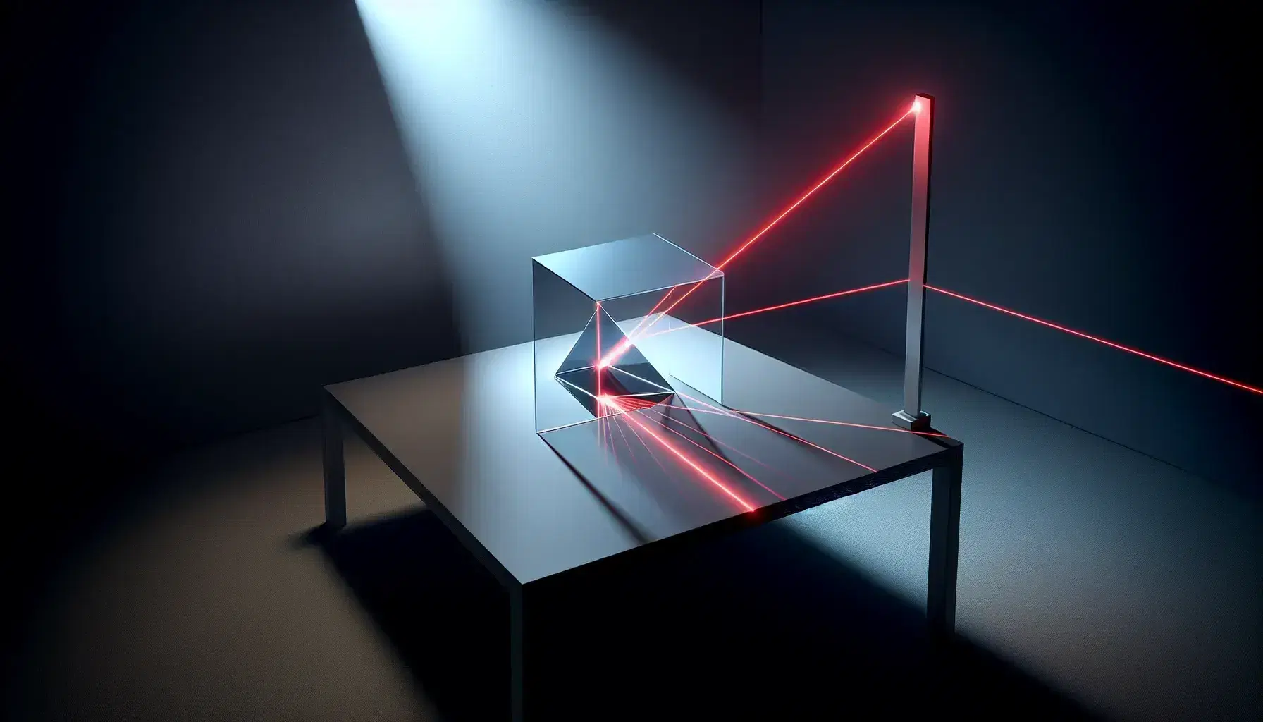 Esperimento ottico con raggio laser rosso che attraversa un prisma di vetro mostrando la rifrazione della luce su uno schermo bianco.