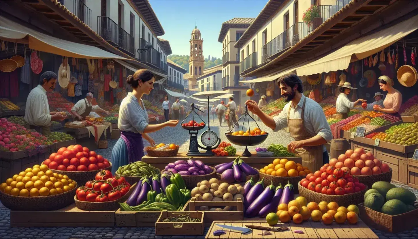 Bustling outdoor Spanish market with fresh produce, customers interacting with vendors, and a backdrop of terracotta-roofed buildings under a blue sky.