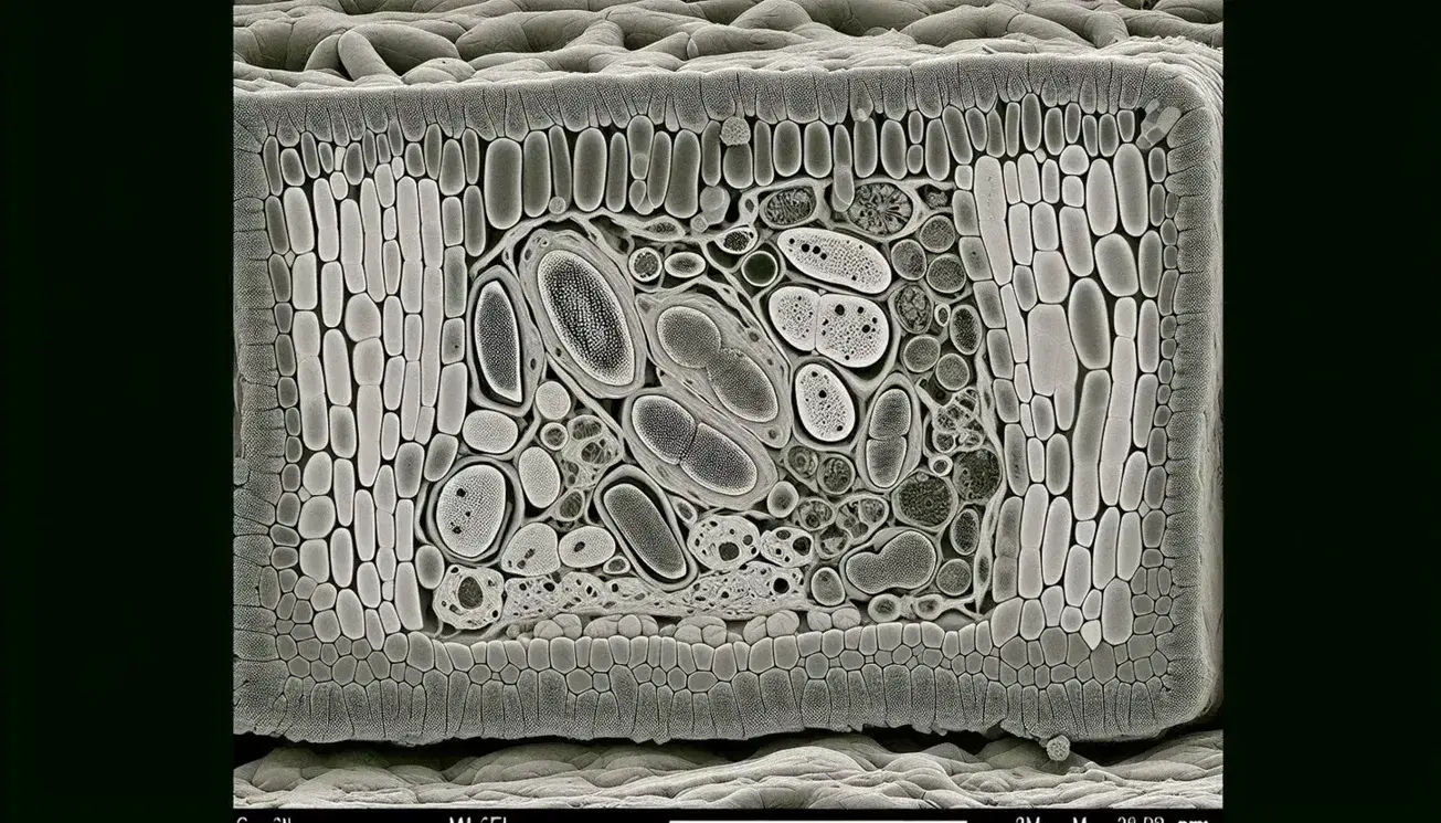 Micrografía electrónica de barrido en color mostrando sección transversal de célula vegetal con pared celular, membrana, citoplasma y orgánulos como mitocondrias y cloroplastos.