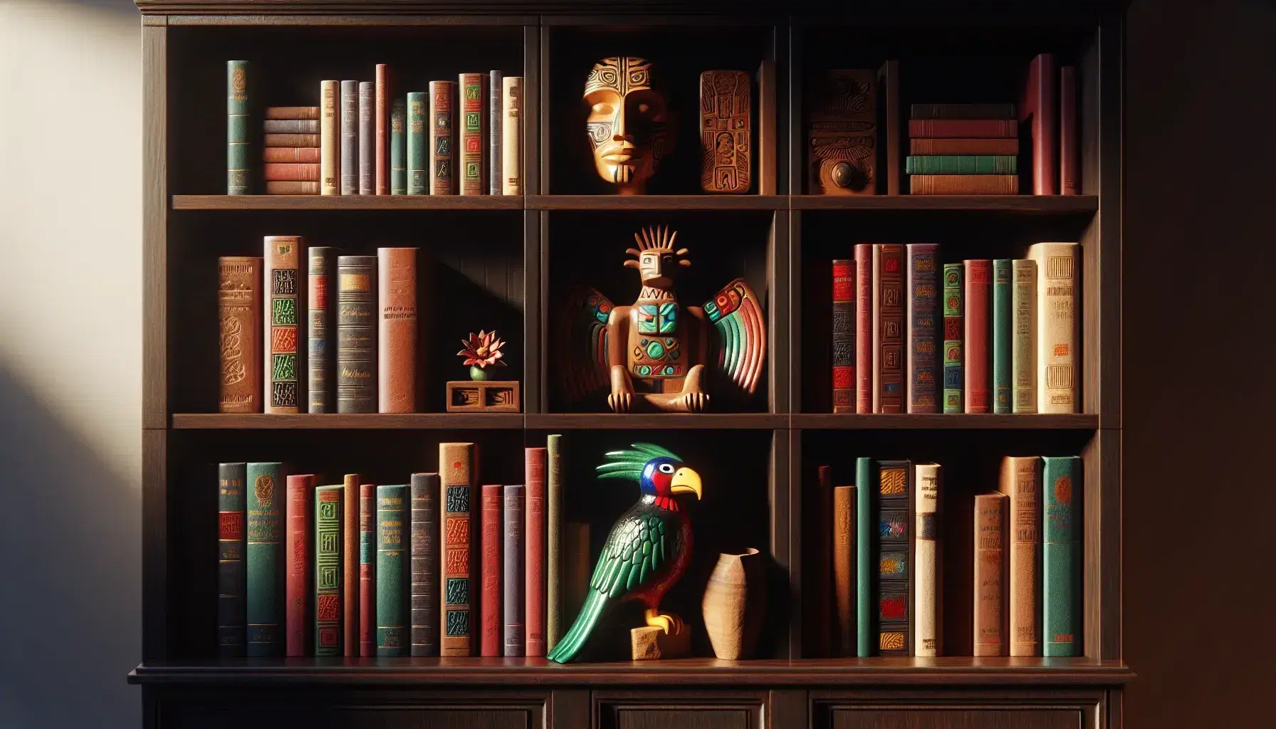 Librería de madera oscura repleta de libros con lomos de colores y figuras decorativas de un Quetzal y un jaguar, más una máscara en la parte superior.