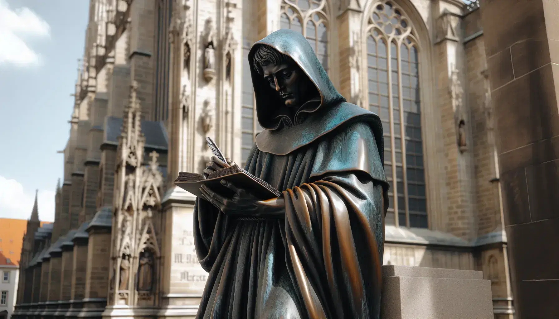 Statua in bronzo di figura monastica con penna e libro su piedistallo di pietra, sfondo di chiesa gotica e albero autunnale.