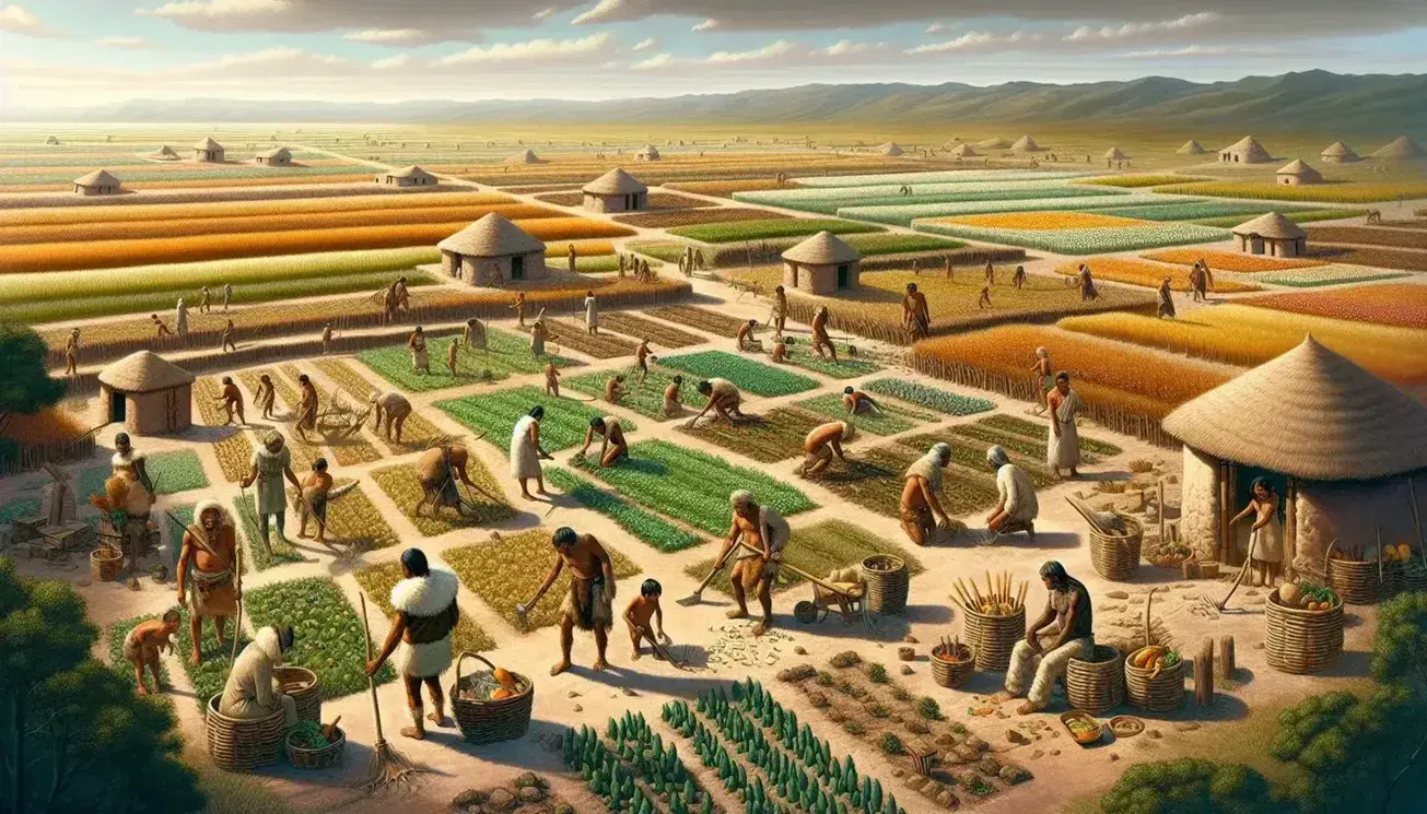 Paisaje diverso con personas en primer plano trabajando la tierra con herramientas primitivas, casas de adobe al centro y edificios modernos al fondo bajo un cielo despejado.