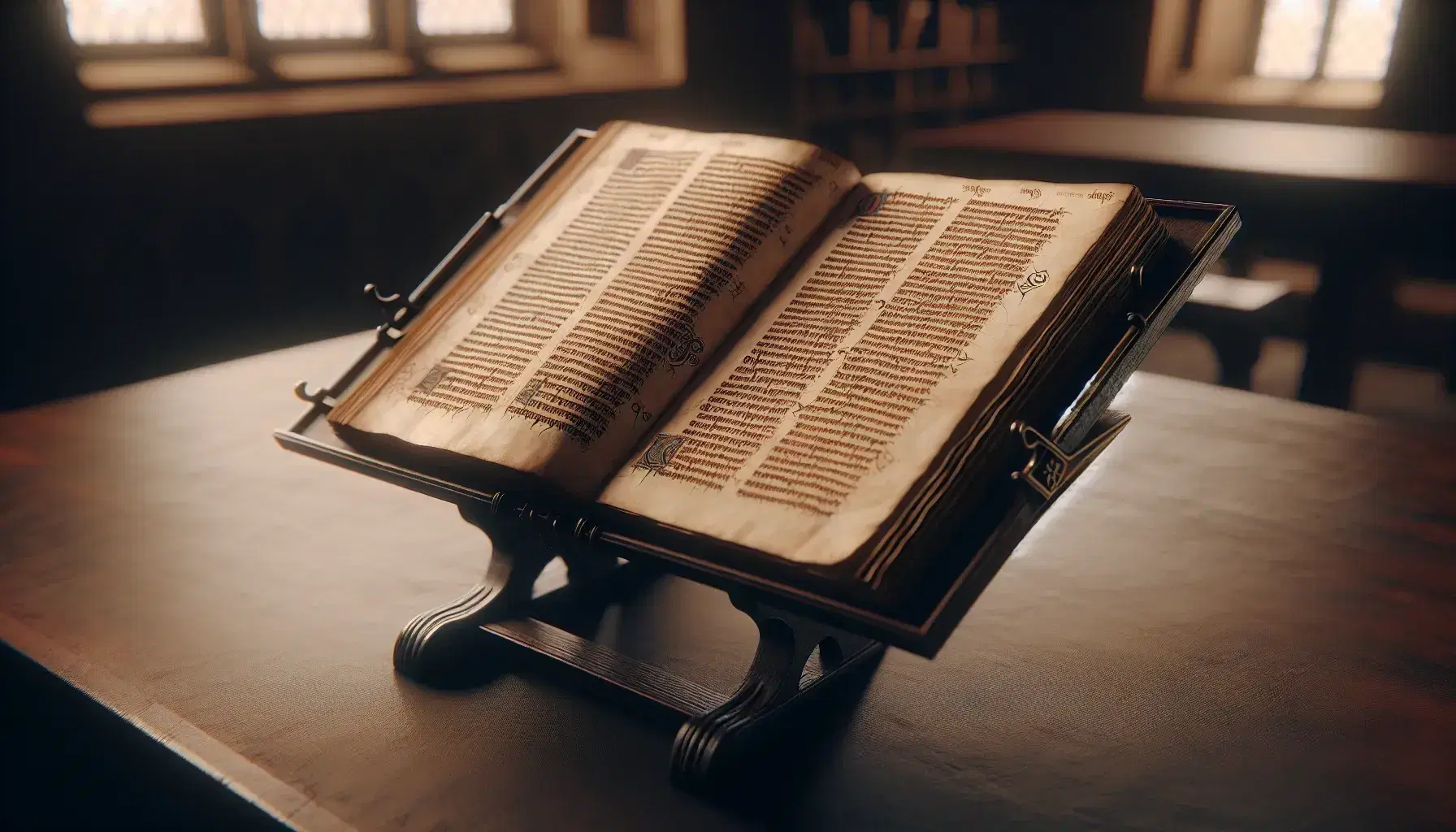 Manoscritto antico aperto su leggio in legno scuro con pagine avorio e scrittura manuale medievale, illuminato dolcemente.