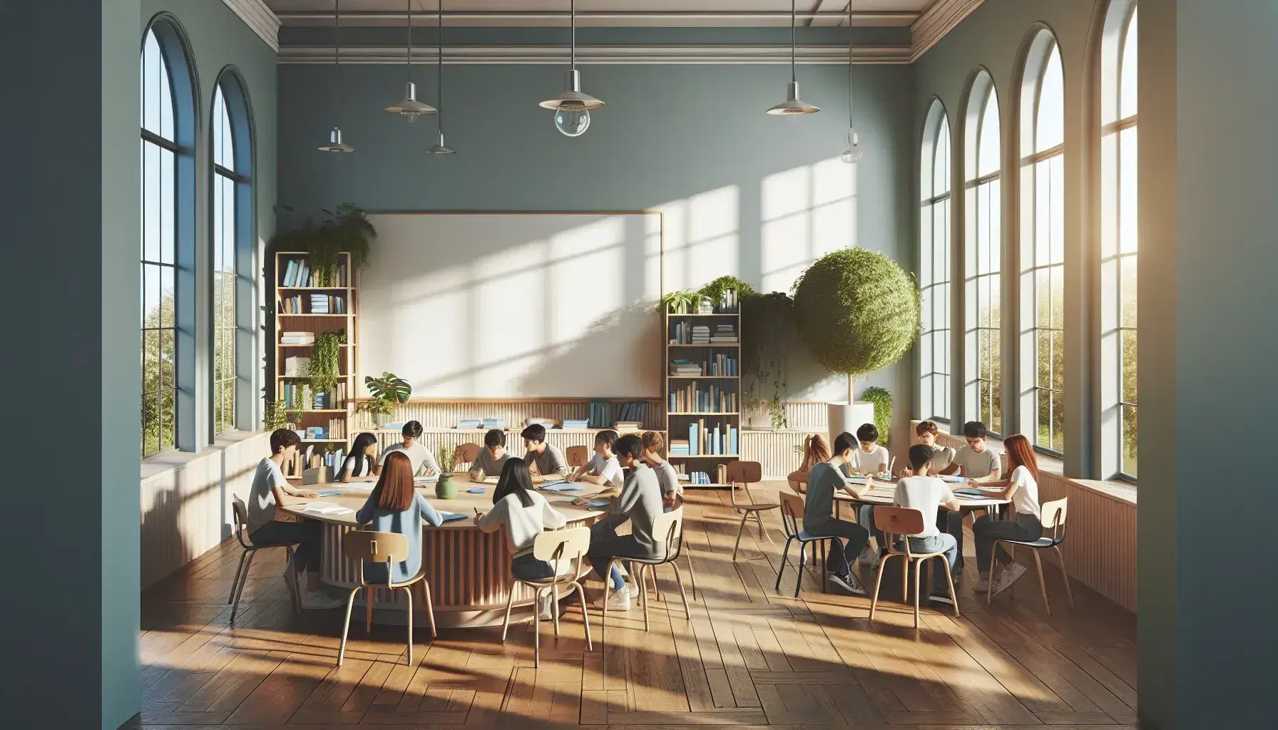Aula espaciosa con luz natural, estudiantes alrededor de mesa redonda trabajando en grupo, pizarra blanca al fondo y estantería con libros y planta.