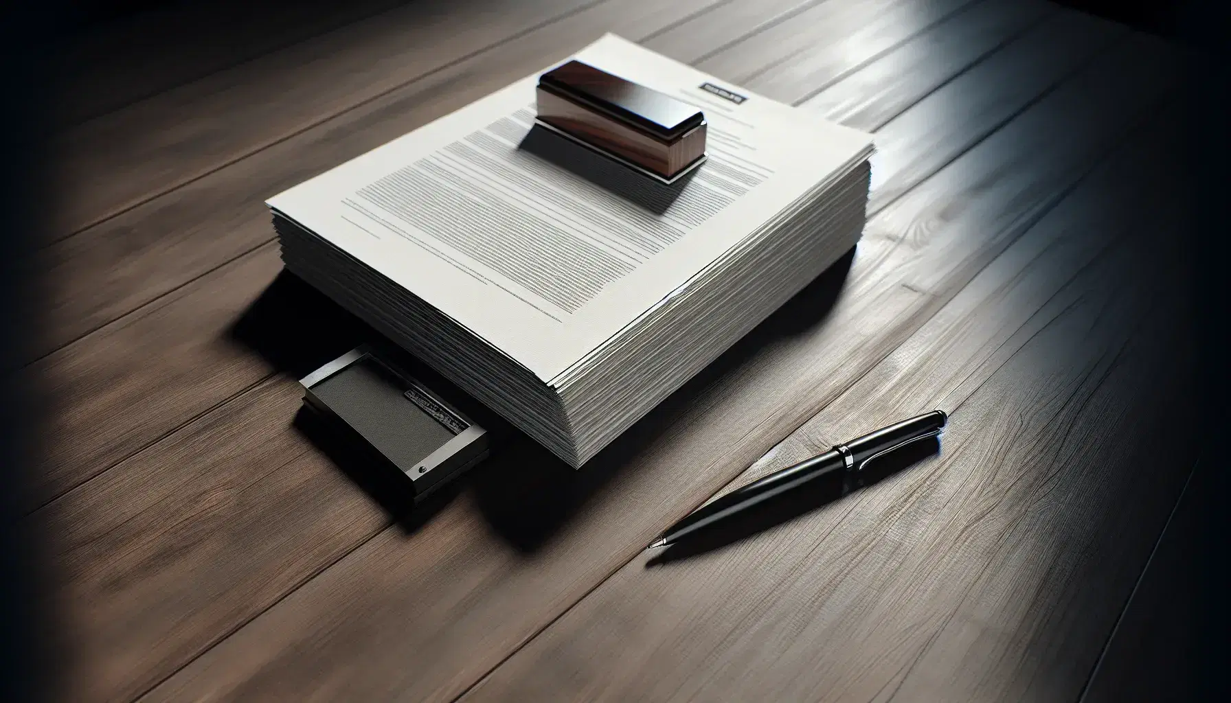 Mesa de madera oscura con pila de documentos blancos, bolígrafo negro con detalles plateados y sello de goma junto a almohadilla de tinta.