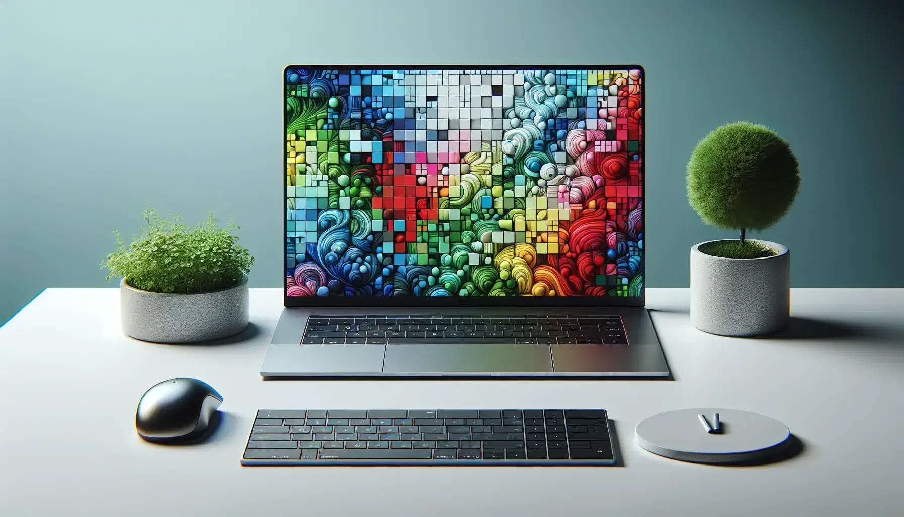 Modern laptop with silver finish on white desk, lit screen with colorful blocks, black wireless keyboard and mouse with pad, green plant next to it.