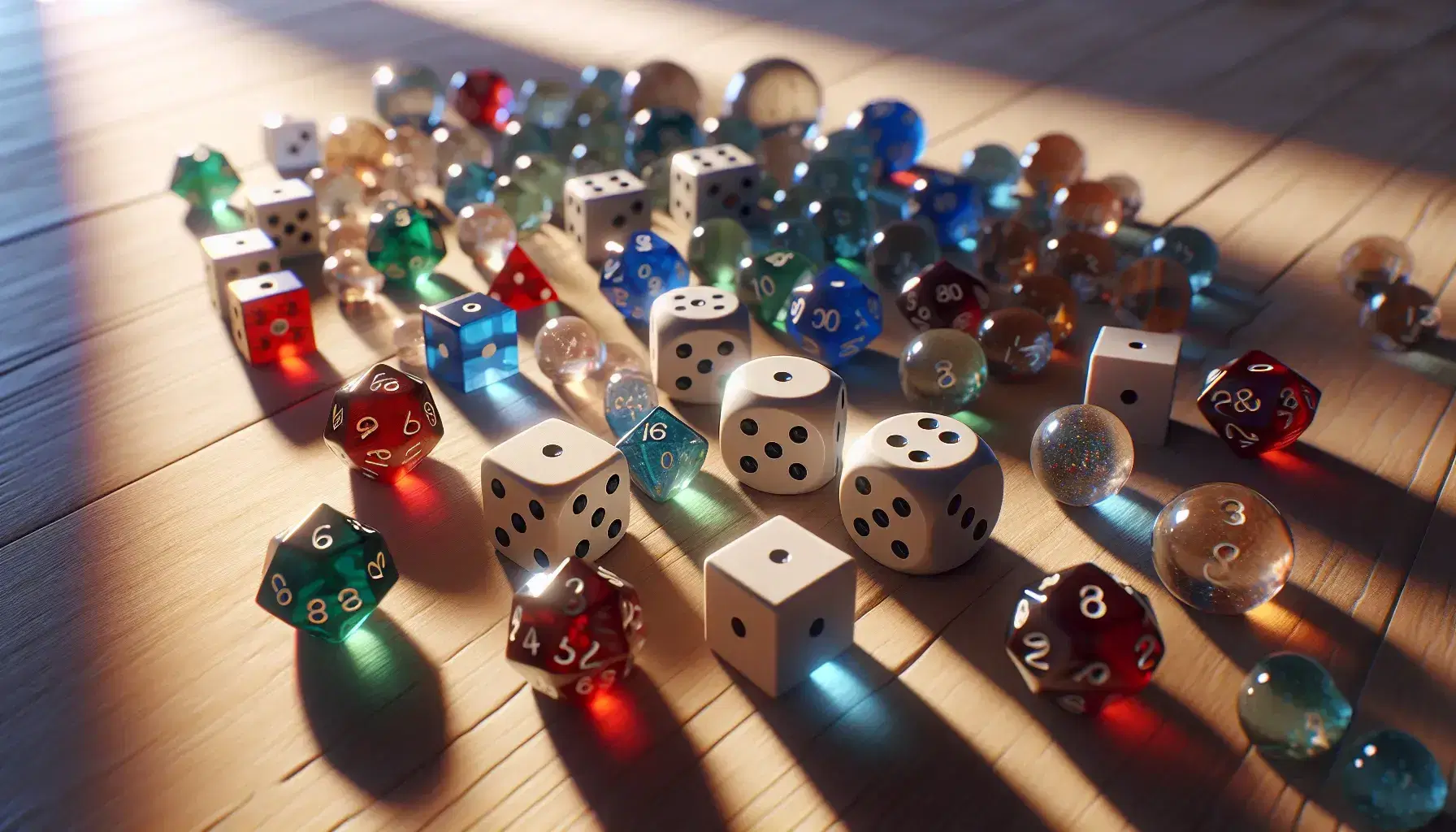Dados de seis caras en colores rojo, azul, verde y blanco dispersos sobre una mesa de madera clara, con canicas de vidrio al fondo y una iluminación suave.