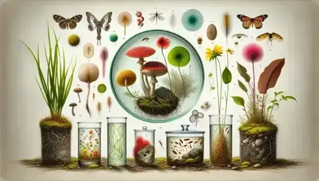 Diversity of eukaryotes: green algae in petri dishes, red-white fungus, flowering plant with roots, lichens in terrarium, unicellular organisms and iridescent insect.