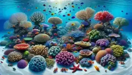 Paisaje submarino colorido con corales de tonos azules, rosas y amarillos, peces tropicales variados y estrellas de mar sobre arena blanca iluminada por rayos de sol.