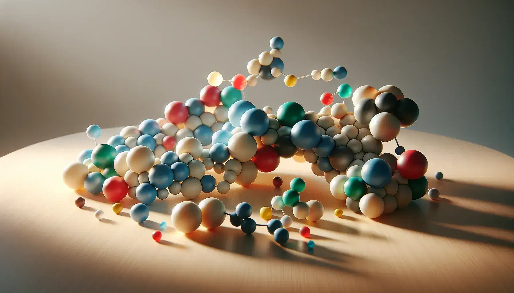 Esferas de colores simulando una estructura molecular sobre superficie de madera clara con sombras suaves y fondo neutro desenfocado.
