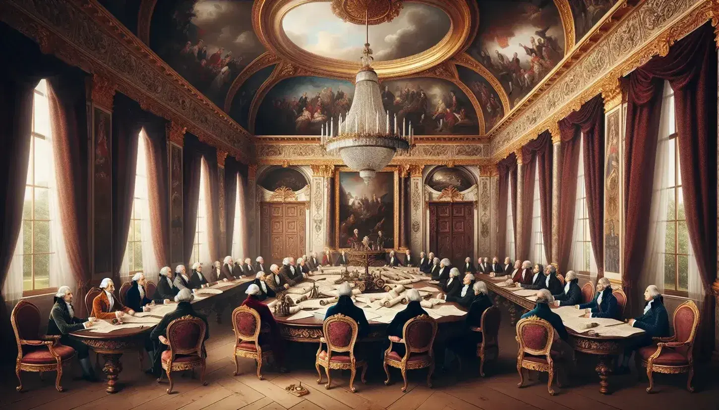 Rappresentazione artistica del Congresso di Vienna con uomini in abiti d'epoca attorno a un tavolo ovale in un salone decorato, senza testi visibili.