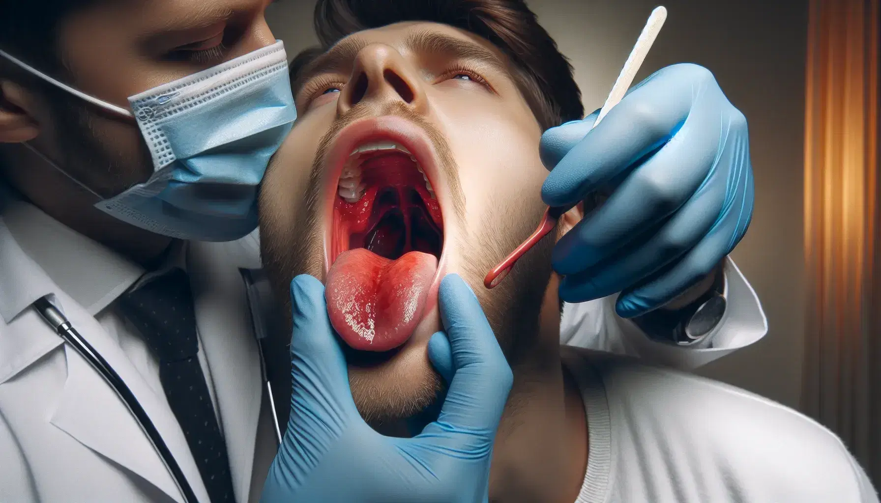 Doctor examinando amígdalas inflamadas de paciente con depresor lingual y linterna, enfocado en diagnóstico de infección de garganta.