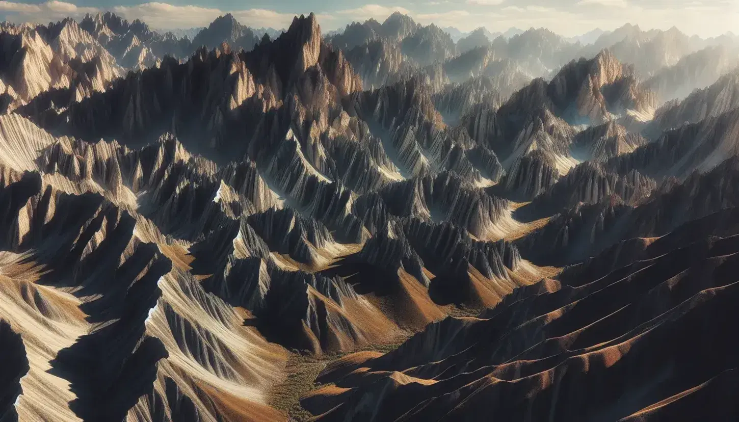 Rugged mountain terrain with sharp peaks, deep valleys, and earthy tones of brown and green under a clear blue sky, dotted with resilient shrubs.