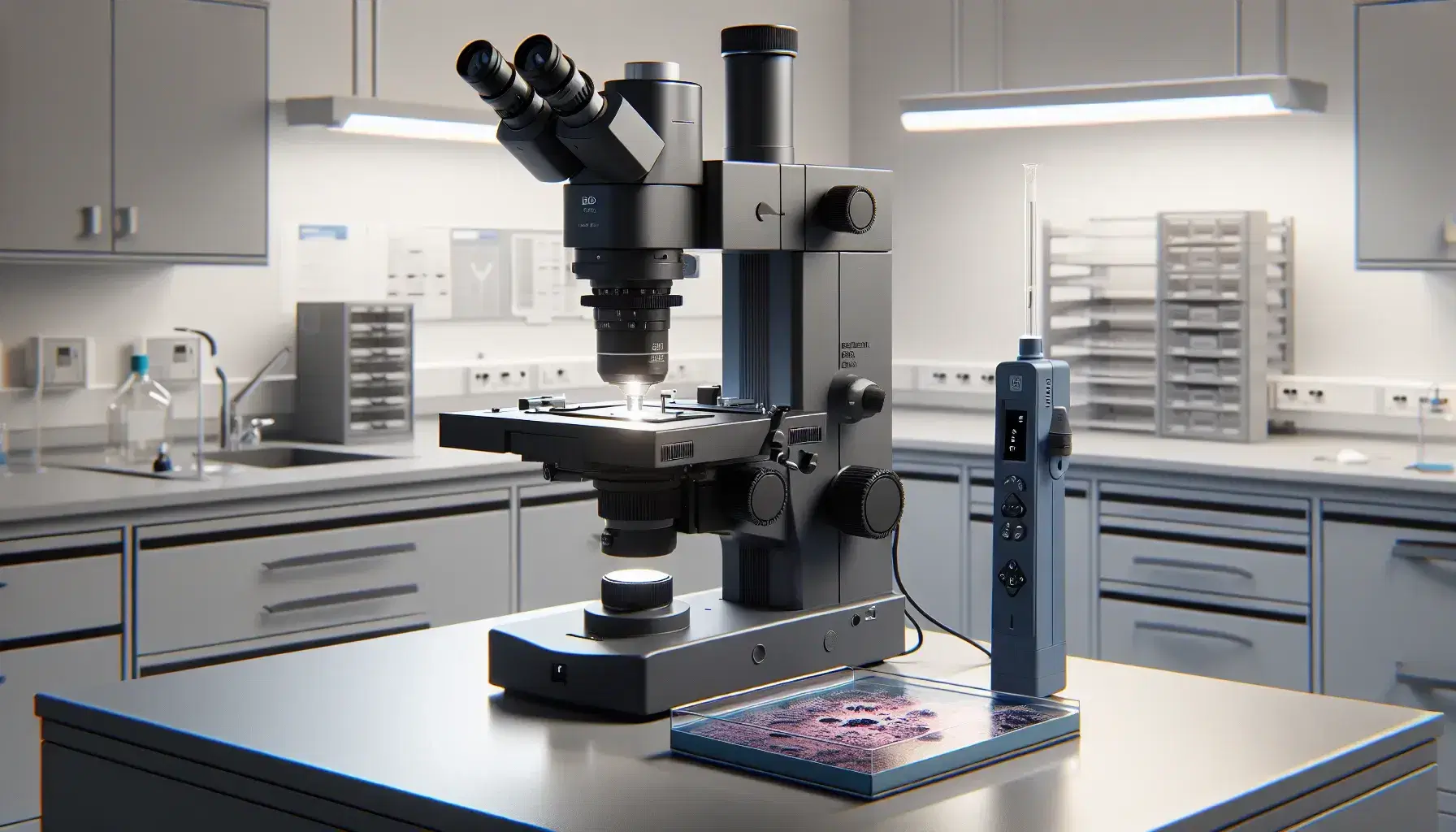 Microscopio elettronico a trasmissione grigio scuro su tavolo da laboratorio con vetrino preparato e pipetta automatica blu accanto, ambiente di ricerca scientifica.