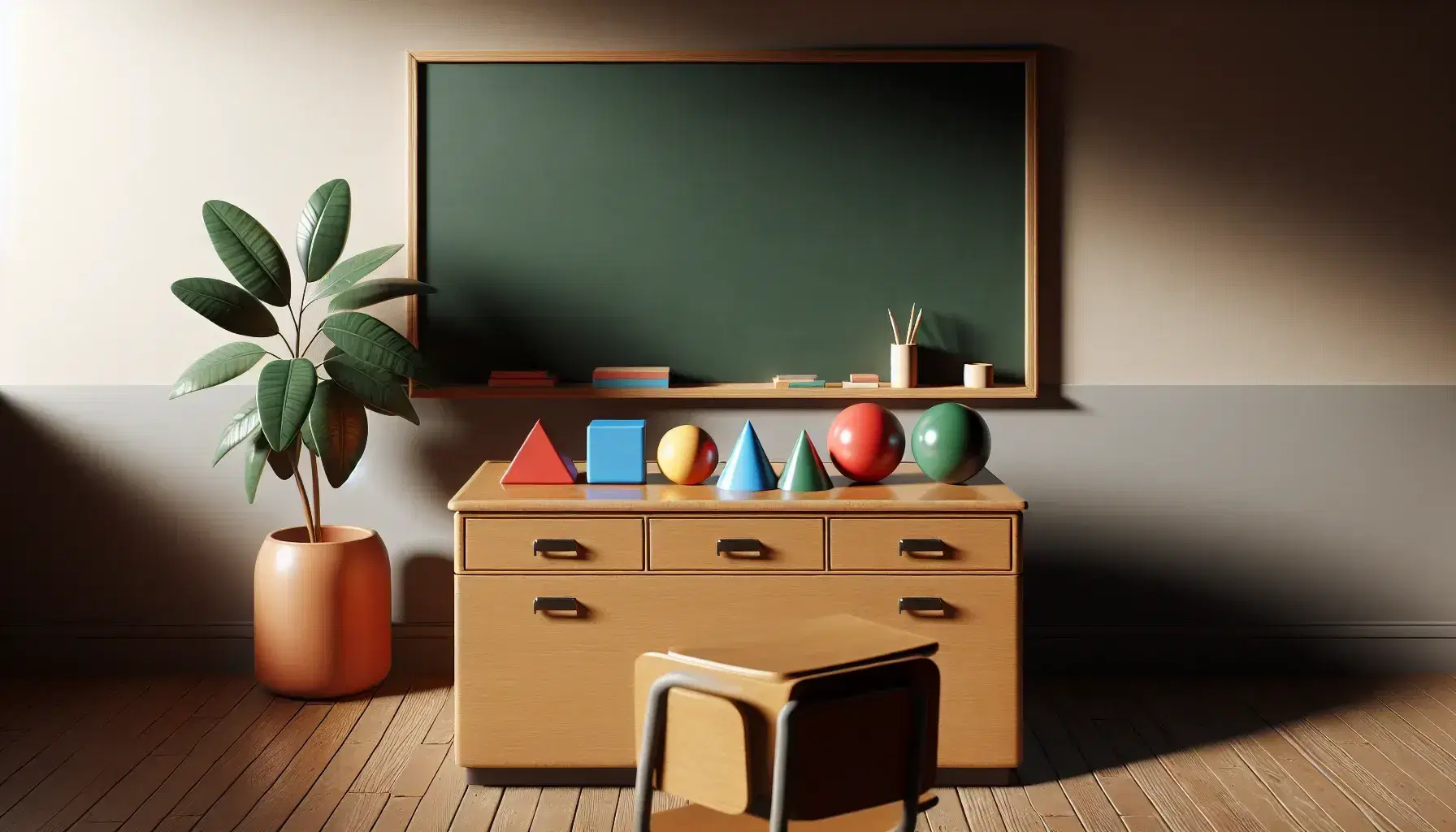 Classroom with wooden teacher's desk displaying red cube, blue sphere, green pyramid, yellow cylinder, orange cone, clean chalkboard, and potted plant.