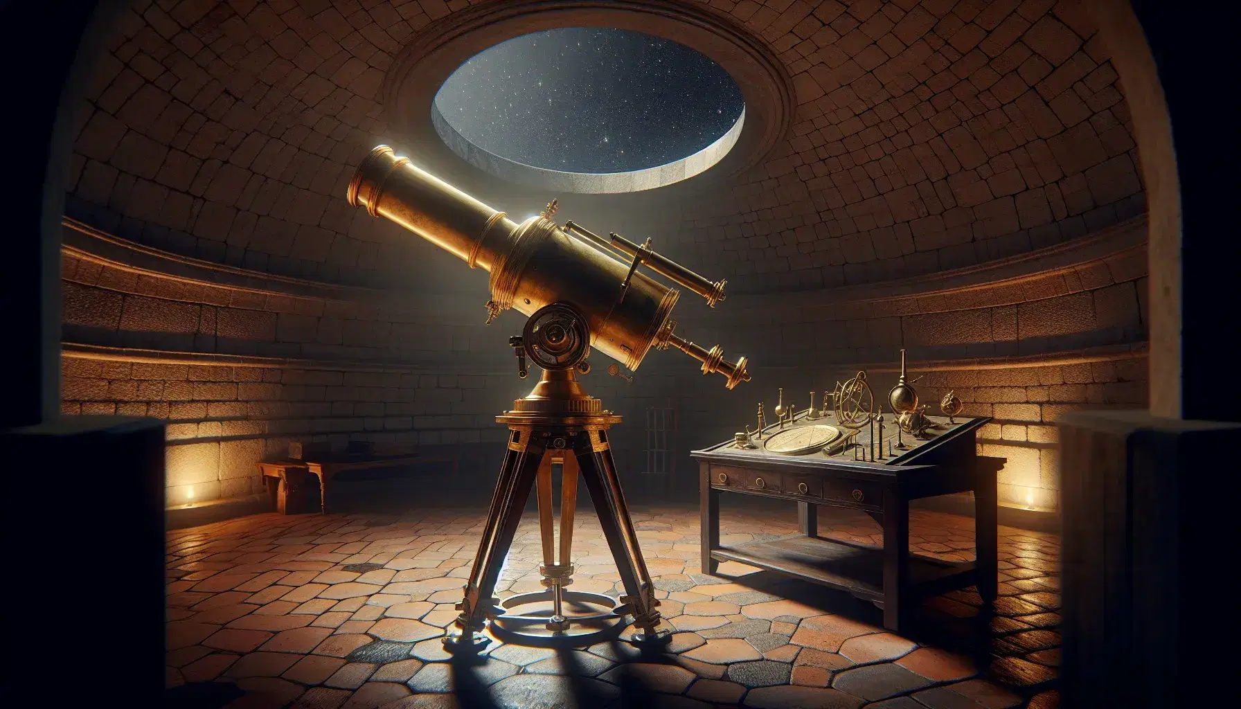 Telescopio antiguo de latón con patas de madera ajustables en un observatorio con cúpula y cielo estrellado visible, junto a mesa con sextante y brújula.