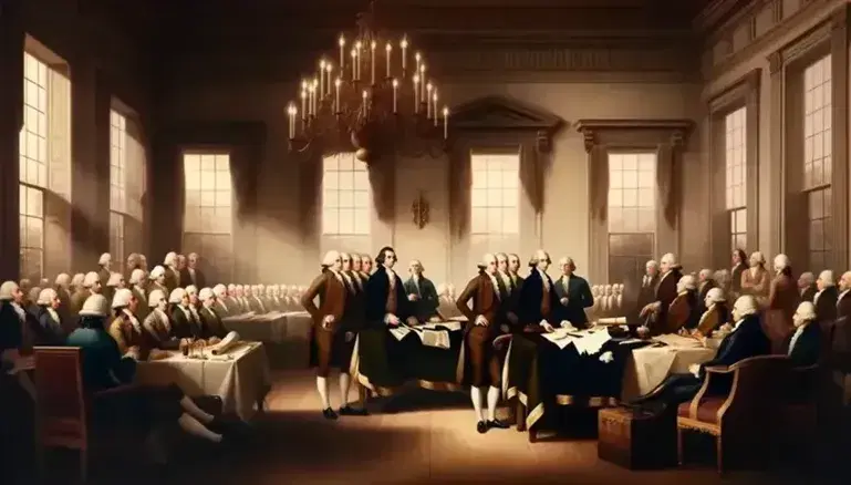 Historic 1787 meeting with individuals in 18th century dress around a mahogany table, discussing documents under a lit candelabra.